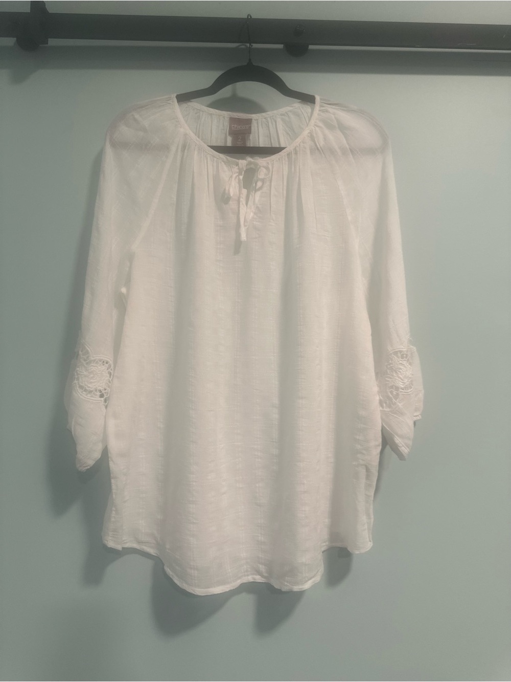 Chico's White Tie-Neck Peasant Blouse with Crochet Sleeves - Picture 2 of 9
